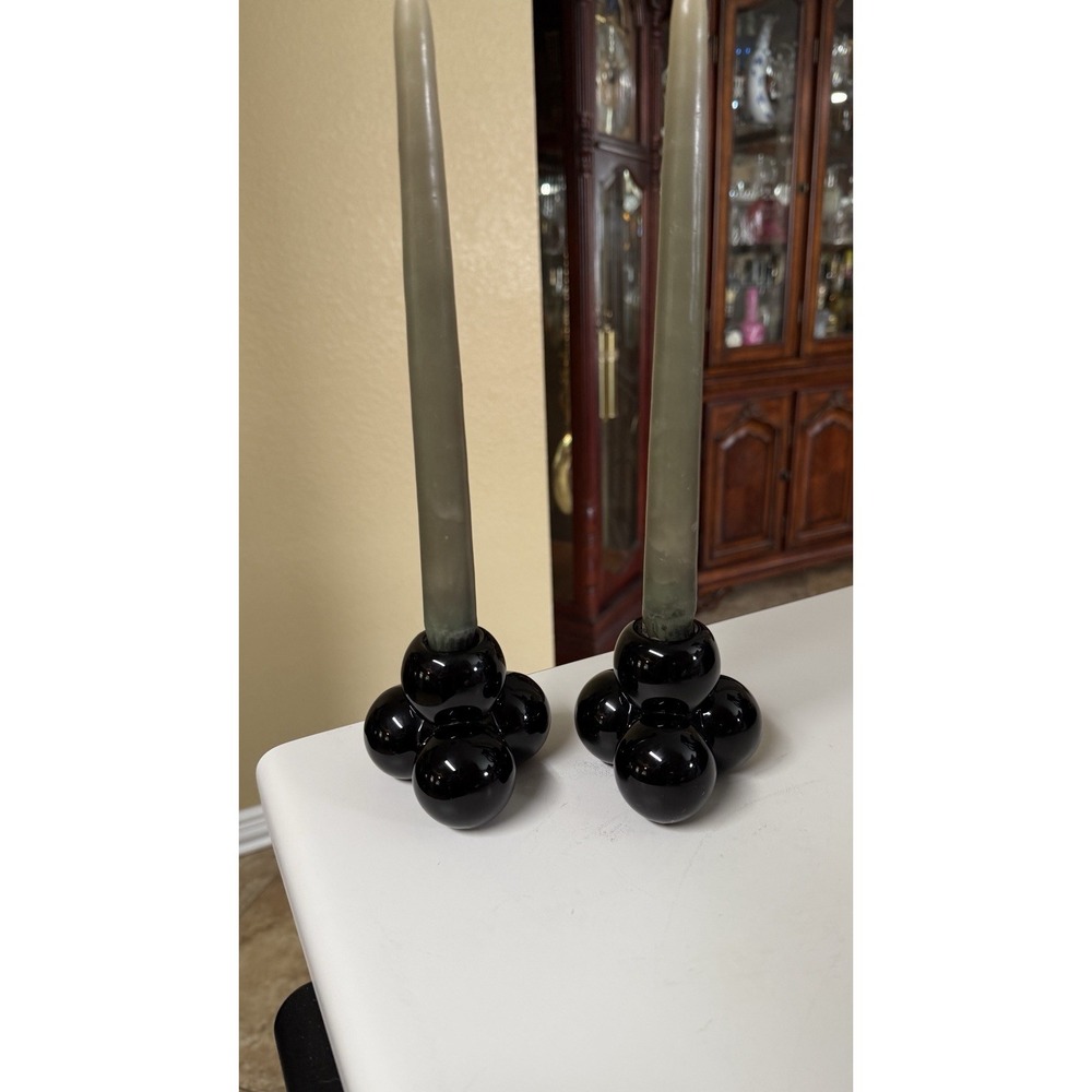 Pair Of 3"‎ Art Deco Black Bubble Glass Candlestick Holders Wednesday Core Decor